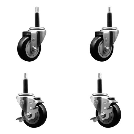 Service Caster 3.5'' Black Poly Wheel Swivel 3/4'' Expanding Stem Caster Set 2 Brakes, 4PK SCC-EX20S3514-PPUB-BLK-2-TLB-2-34